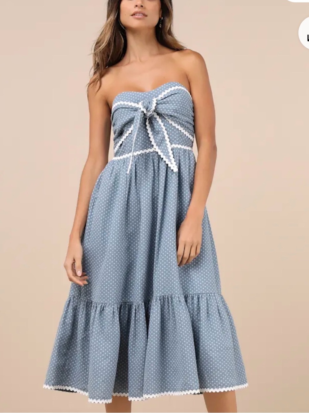 Lulu's Dusty Blue Polka Dot Strapless Tie-Front Midi Dress